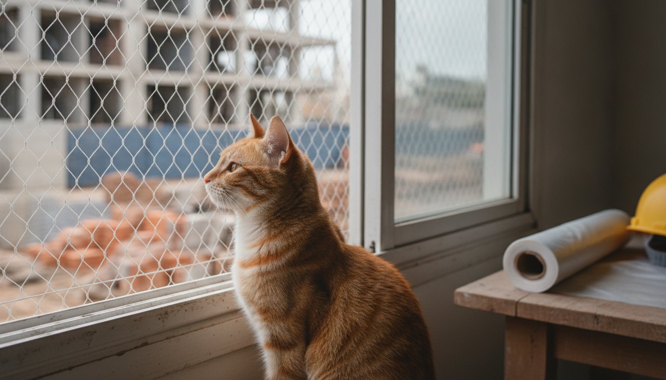 Gato de pelagem alaranjada observando a rua através de uma rede de proteção instalada na janela.